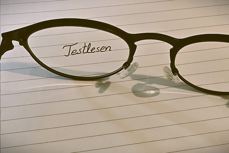 Brille, liniertes Papier, Testlesen